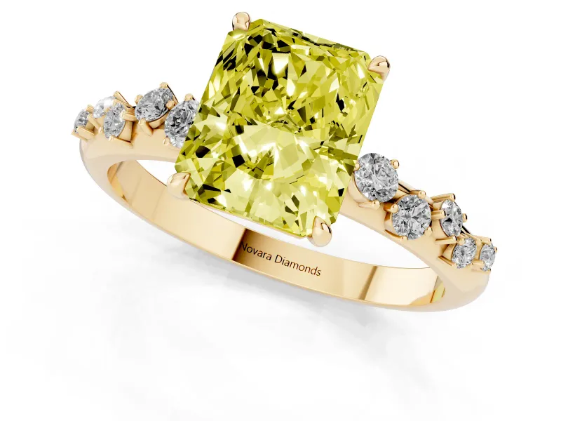 Fancy Yellow Radiant Cut Diamond Cluster Solitaire Ring Set in Yellow gold with Prong Setting