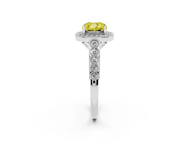 Cushion Cut Graduated Milgrain Halo Engagement Ring Setting for a Fancy Yellow Lab-Grown Diamond | White Gold