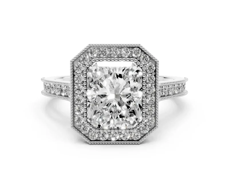 Radiant Cut Diamond Halo Milgrain Pavé Band Ring Set in White gold with Prong Setting