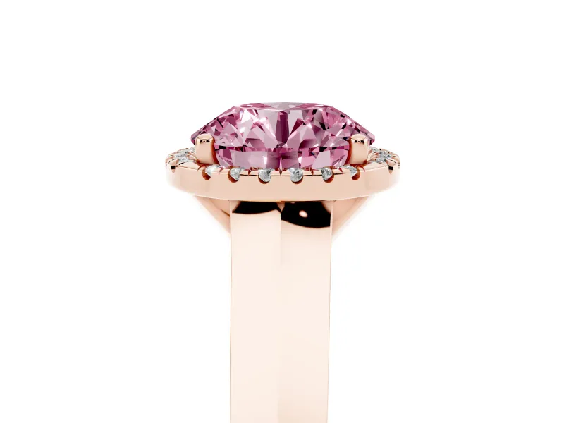 Fancy Pink Round Cut Diamond Halo Ring Set in Rose gold with Cathedral Band and Prong Setting