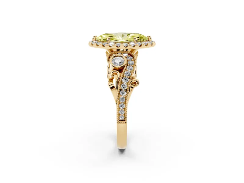 Fancy Yellow Marquise Cut Diamond Halo Ring Set in Yellow gold with Milgrain Pavé Band and Prong Setting