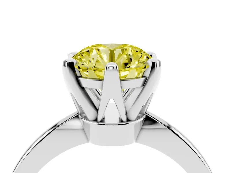 Fancy Yellow Round Cut Diamond Solitaire Engagement Ring Set in Platinum with Slim Tapered Solitaire Band