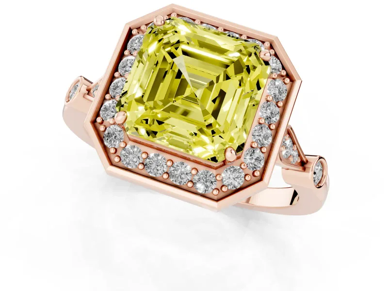 Asscher Cut Halo Engagement Ring Setting for a Fancy Yellow Lab-Grown Diamond | Bezel Station Shoulders | Rose Gold