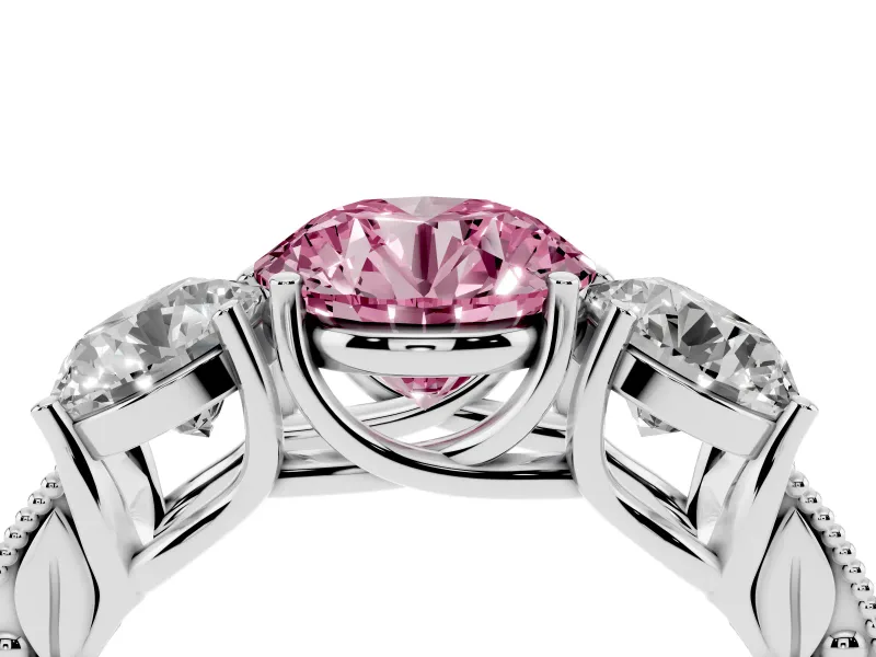 Round Vintage Three Stone Engagement Ring Setting for a Fancy Pink Lab-Grown Diamond | Sterling Silver
