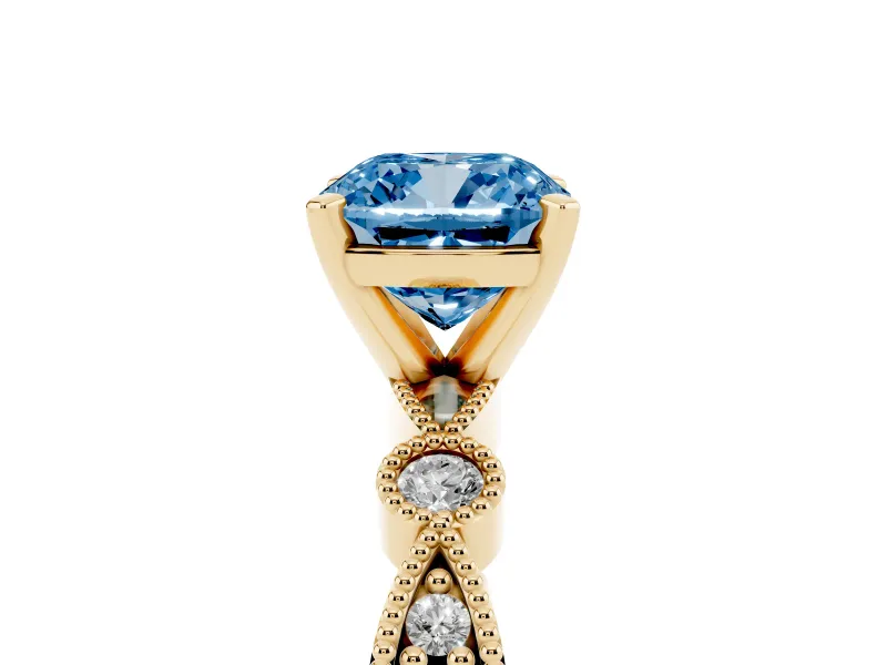 Fancy Blue Cushion Cut Diamond Solitaire Engagement Ring Set in Yellow gold with Milgrain Bezel Accent Band