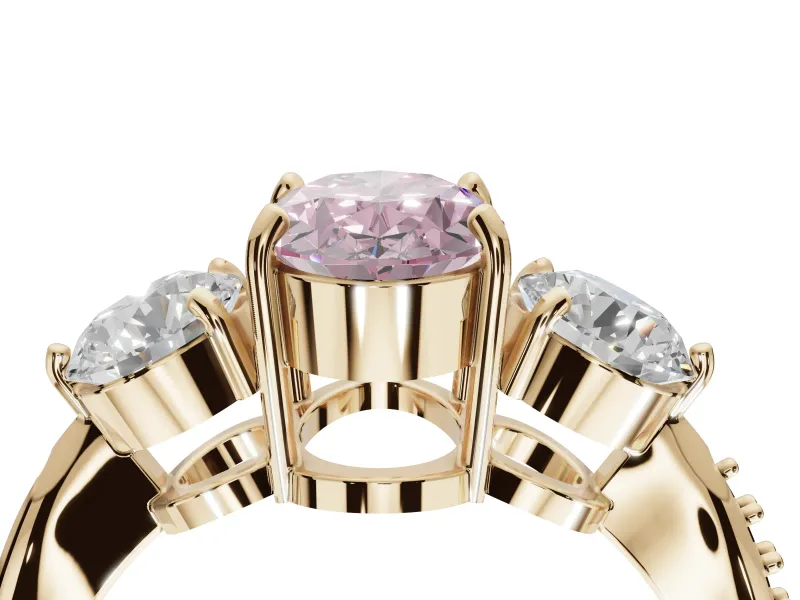 Oval Three Stone Engagement Ring Setting for a Fancy Pink Lab-Grown Diamond | Tapered Pave Band | Yellow Gold