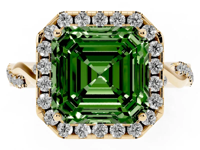 Asscher Cut Twist Halo Engagement Ring Setting for a Fancy Green Lab-Grown Diamond | Yellow Gold