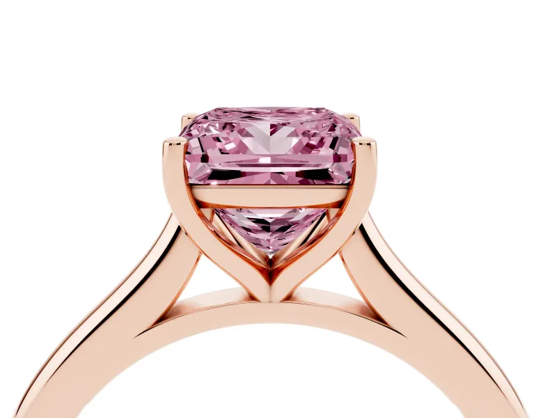 Fancy Pink Princess Cut Diamond Solitaire Ring Set in Rose gold with Cathedral Band and Prong Setting