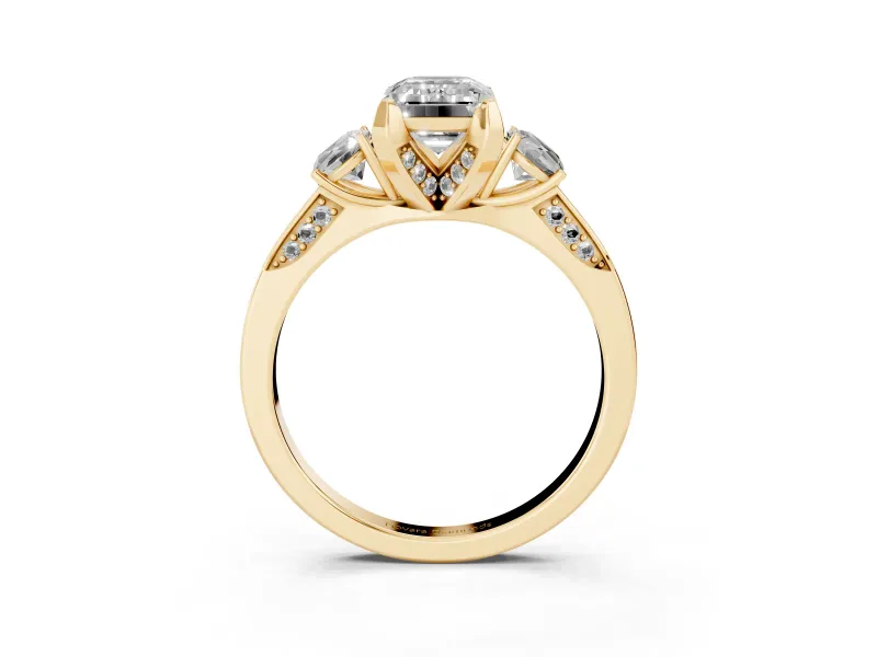 Emerald Cut Hidden Halo Three Stone Engagement Ring Setting for a Fancy Pink Lab-Grown Diamond | Yellow Gold