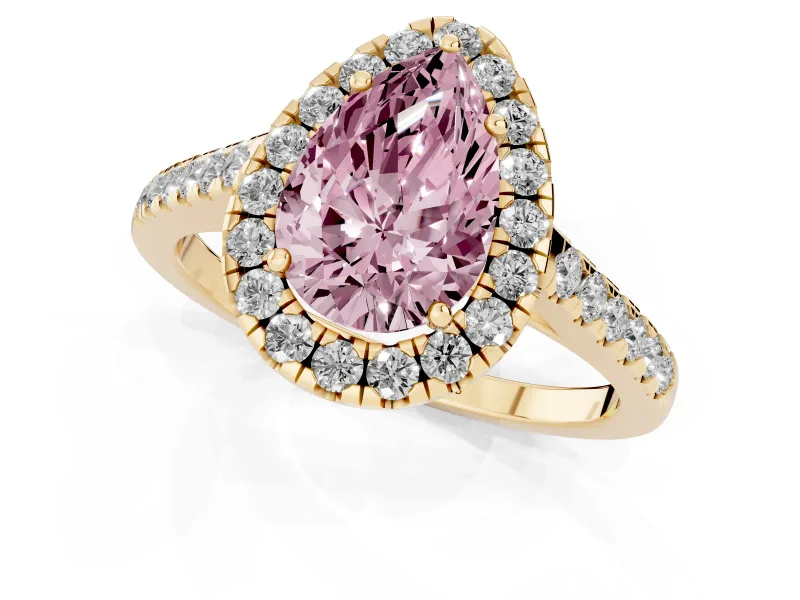 Pear-Shaped Halo Engagement Ring Setting for a Fancy Pink Lab-Grown Diamond | Pave Shoulders | Yellow Gold