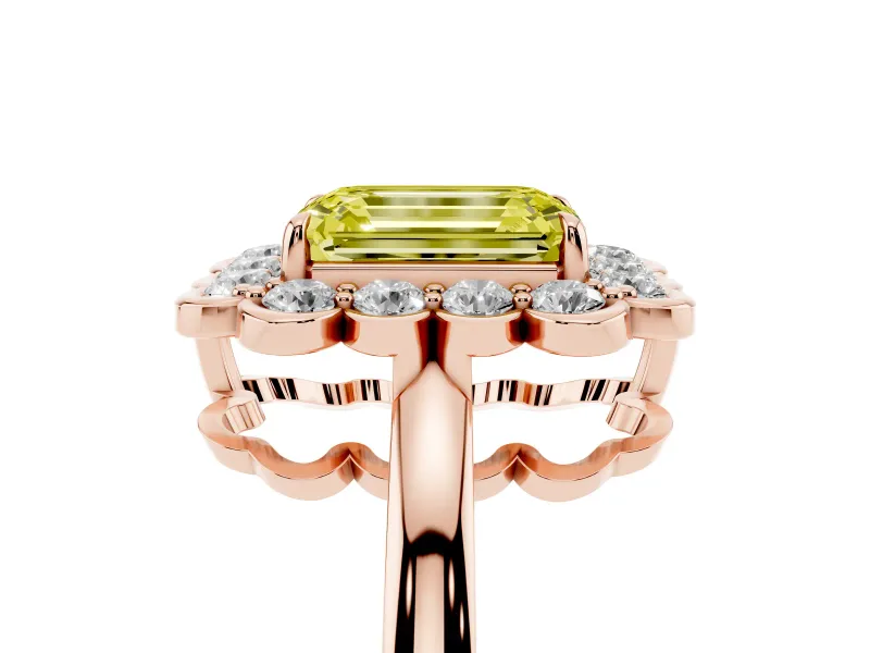 Emerald Cut Scalloped Cluster Halo Engagement Ring Setting for a Fancy Yellow Lab-Grown Diamond | Plain Band | Rose Gold
