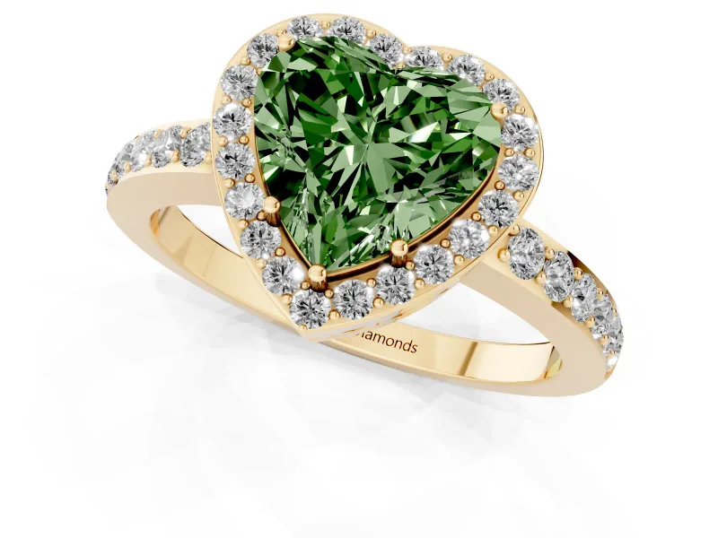 Fancy Green Heart Cut Diamond Halo Ring Set in Yellow gold with Pavé-Setting Band and Open Prong Center