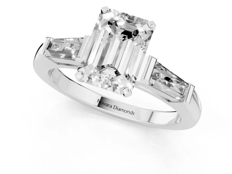 Emerald Cut Three Stone Engagement Ring Setting | Tapered Baguettes | White Gold