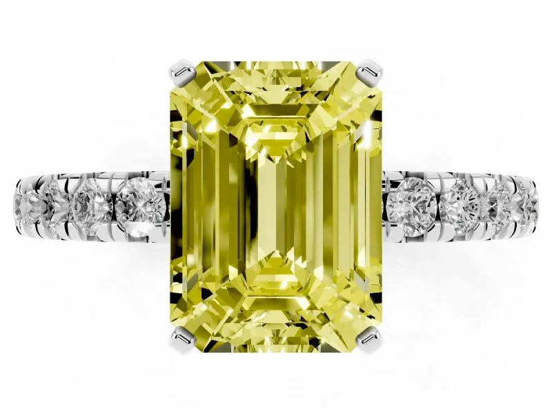 Fancy Yellow Emerald Cut Diamond Pavé Solitaire Ring Set in White gold with Round Band and Prong Setting