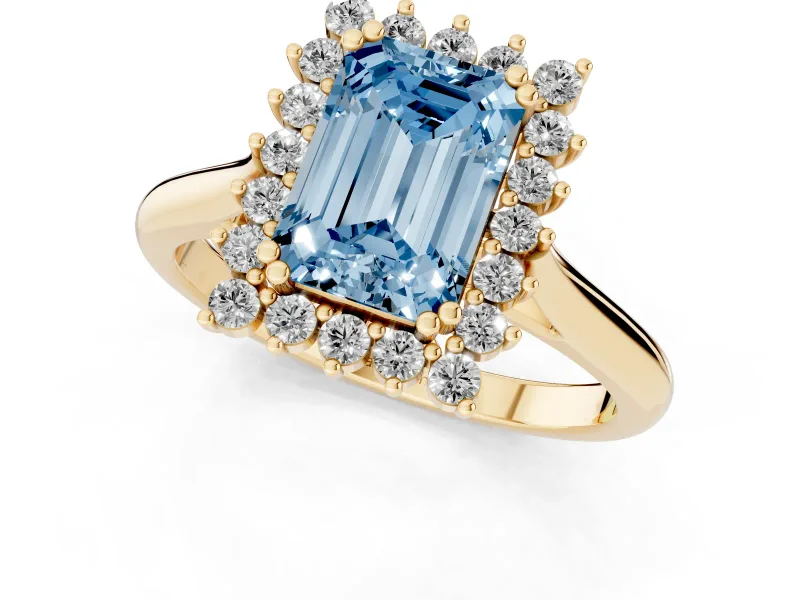 Emerald Cut Starburst Halo Engagement Ring Setting for a Fancy Blue Lab-Grown Diamond | Yellow Gold