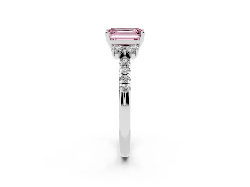 Emerald Cut Side Stone Pave Engagement Ring Setting for a Fancy Pink Lab-Grown Diamond | Paired Round Accents | Platinum