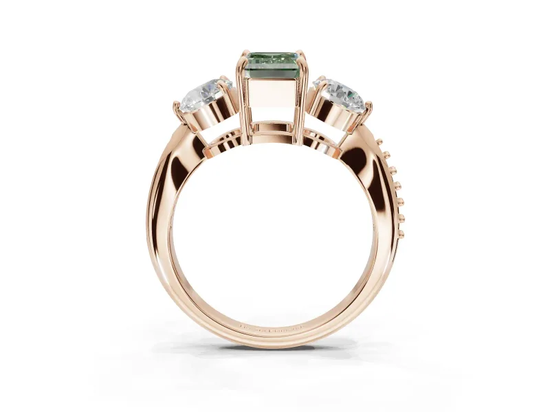 Emerald Cut Three Stone Engagement Ring Setting for a Fancy Green Lab-Grown Diamond | Tapered Pave Band | Rose Gold