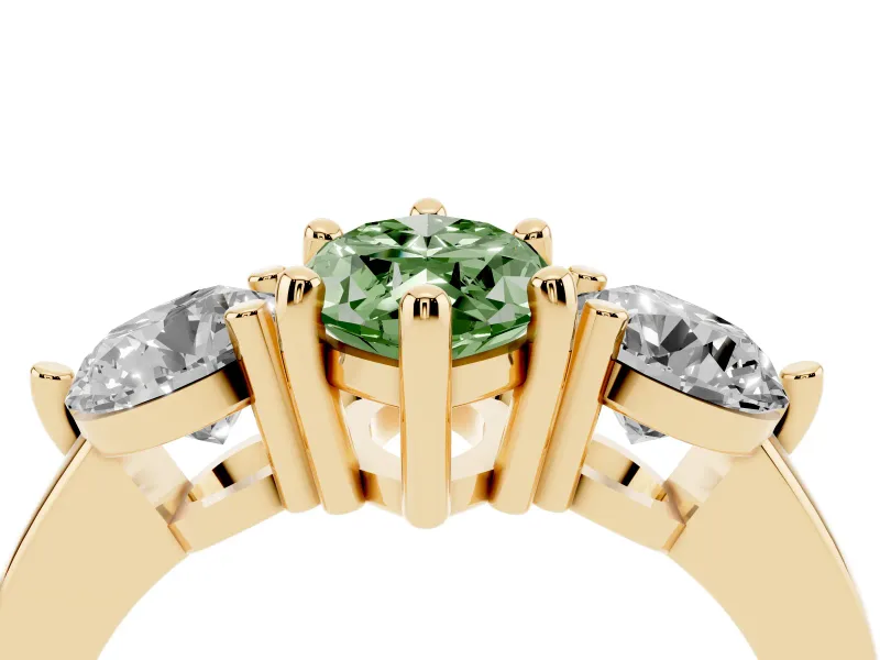 Fancy Green Marquise Cut Diamond Three-Stone Ring Set in Yellow gold with Prong Setting and Classic Band