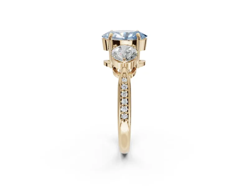 Oval Three Stone Engagement Ring Setting for a Fancy Blue Lab-Grown Diamond | Tapered Pave Band | Yellow Gold