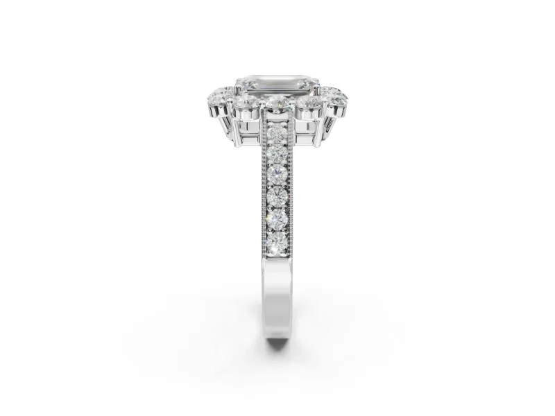 Emerald Cut Vintage Halo Engagement Ring Setting | Milgrain Channel Band | Sterling Silver