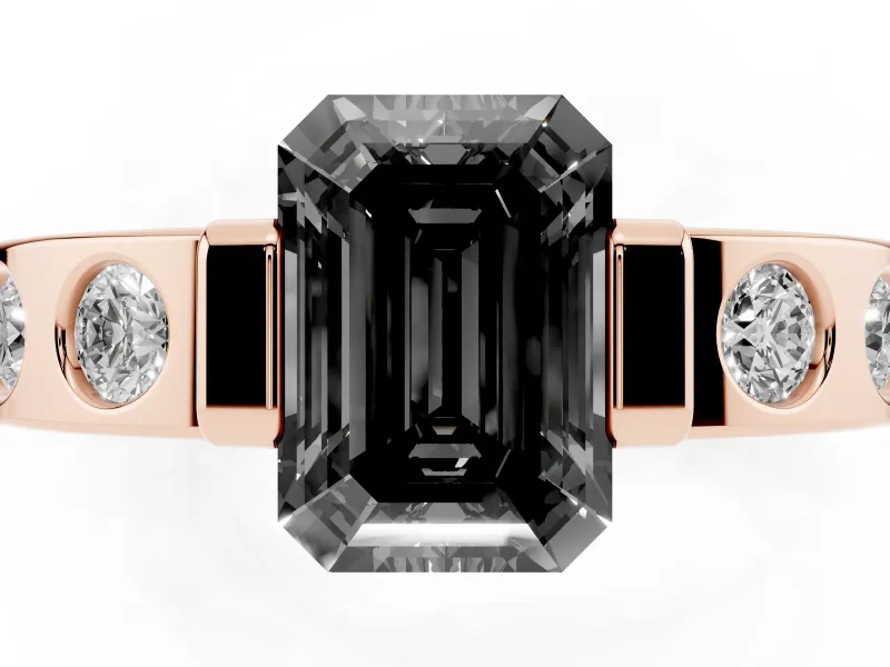 Emerald Cut Tension Style Engagement Ring Setting for a Black Center | Flush Set Accents | Rose Gold