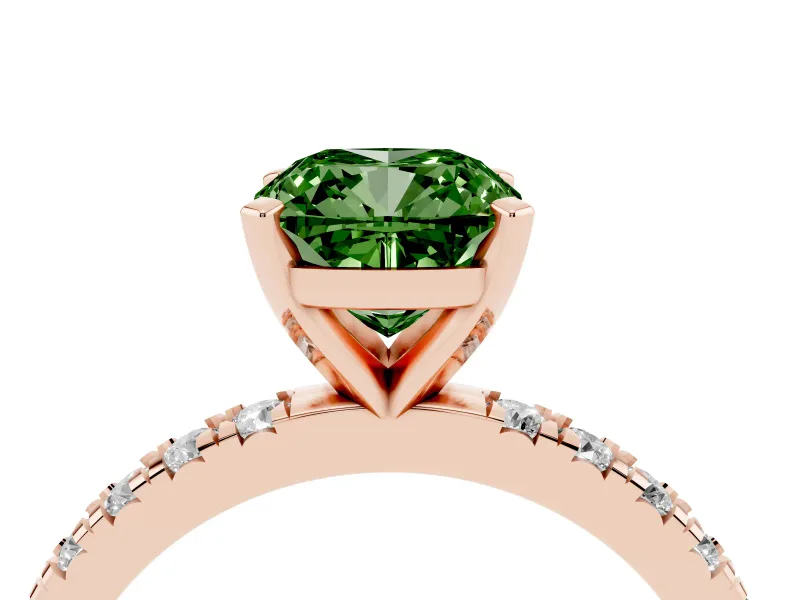Fancy Green Cushion Cut Diamond Pavé Band Solitaire Set in Rose gold with Prong Setting