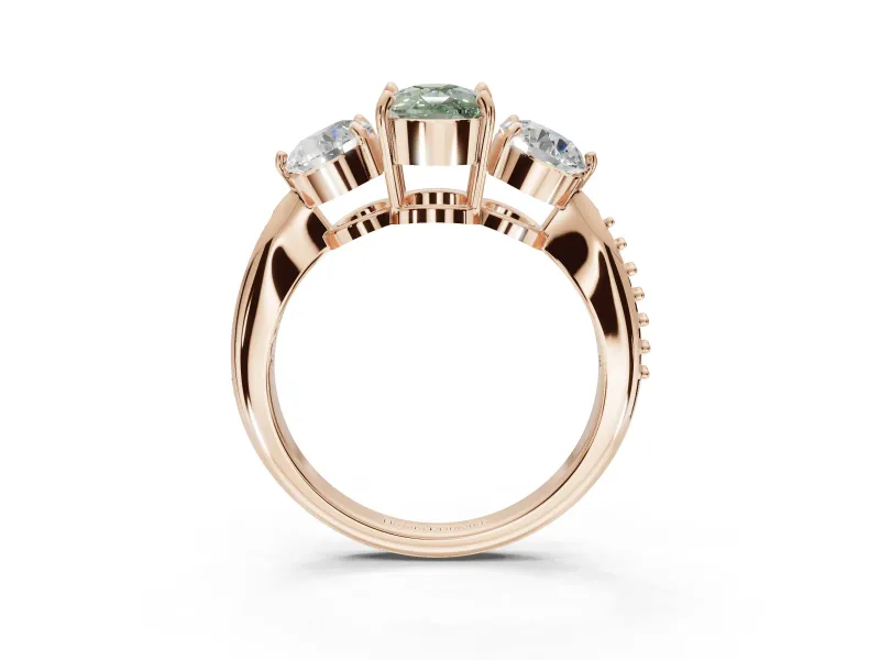 Cushion Cut Three Stone Engagement Ring Setting for a Fancy Green Lab-Grown Diamond | Tapered Pave Band | Rose Gold