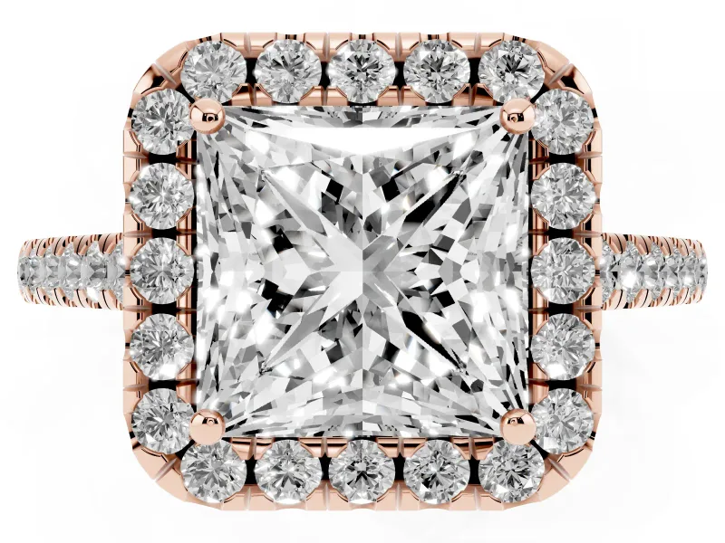 Princess Cut Raised Halo Engagement Ring Setting | Pave Band | Rose Gold