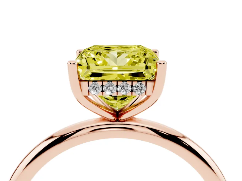 Fancy Yellow Princess Cut Diamond Solitaire Engagement Ring Set in Rose gold with Prong Setting and Polished Band