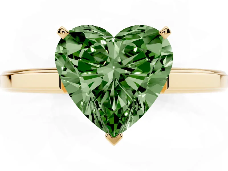 Fancy Green Heart Cut Diamond Solitaire Ring Set in Yellow gold with Prong Setting and Classic Band