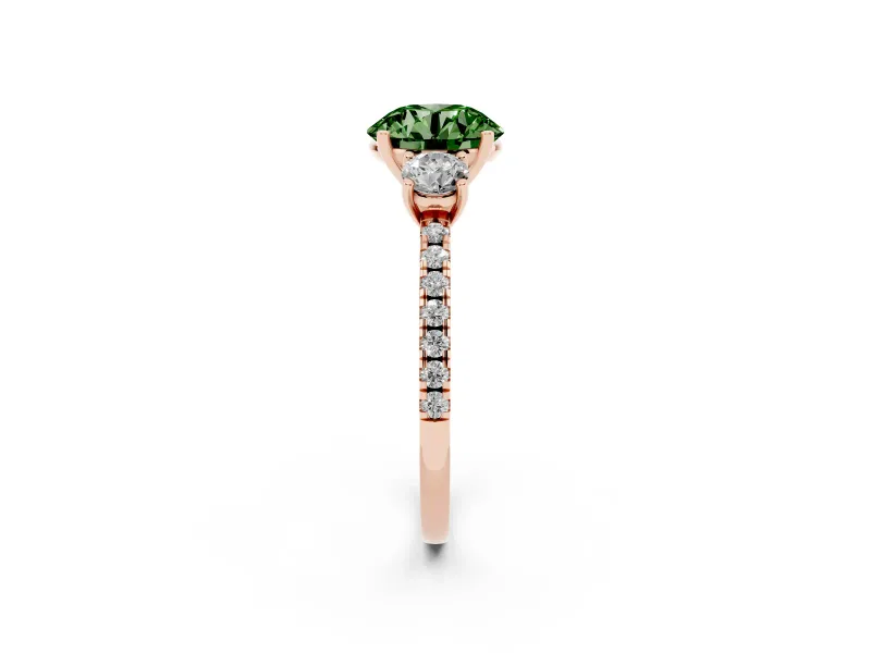Round Three Stone Engagement Ring Setting for a Fancy Green Lab-Grown Diamond | Pave Shoulders | Rose Gold
