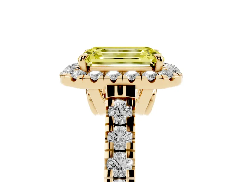 Emerald Cut Accented Halo Engagement Ring Setting for a Fancy Yellow Lab-Grown Diamond | Yellow Gold