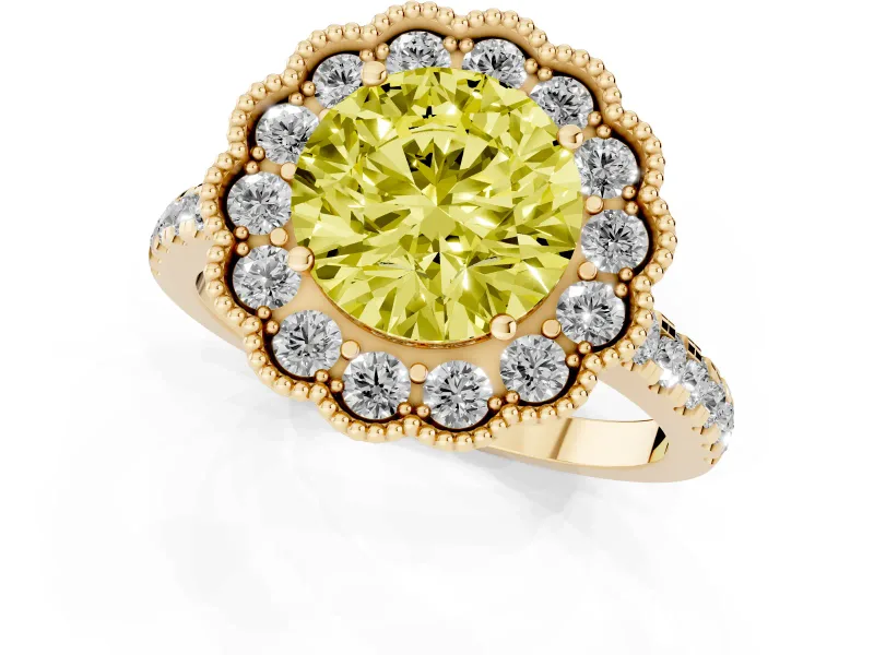 Round Milgrain Floral Halo Engagement Ring Setting for a Fancy Yellow Lab-Grown Diamond | Pavé Band | Yellow Gold