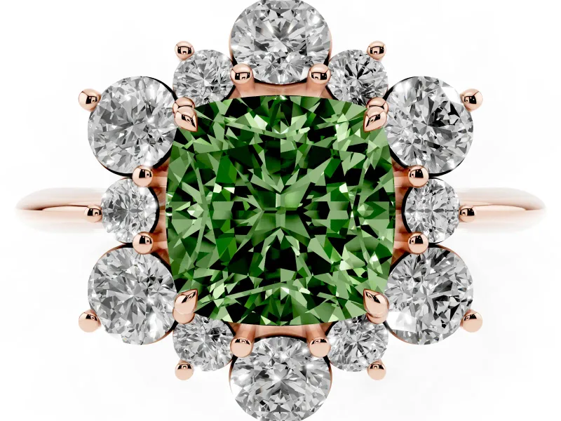 Cushion Cut Cluster Halo Engagement Ring Setting for a Fancy Green Lab-Grown Diamond | Rose Gold