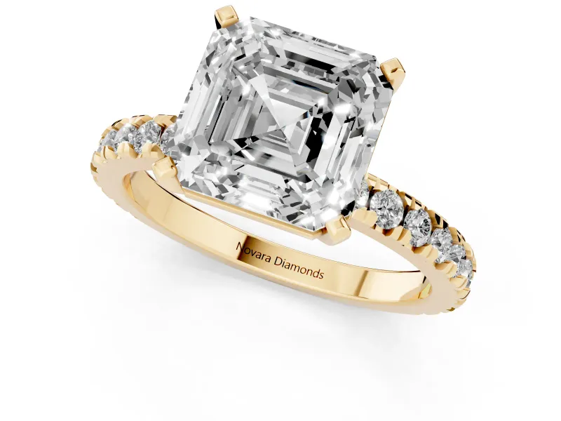 Asscher Cut Diamond Pavé Band Solitaire Set in Yellow gold with Prong Setting