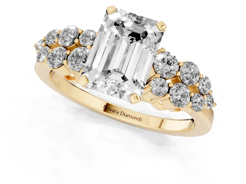 Emerald Cut Side Stone Engagement Ring Setting | Two-Row Shoulder Clusters | Yellow Gold