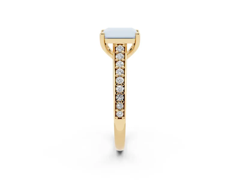 Radiant Cut Graduated Pave Cathedral Engagement Ring Setting | Scroll Cut-Outs | Yellow Gold