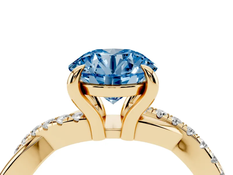 Fancy Blue Round Cut Diamond Twist Band Solitaire Set in Yellow gold with Pavé Accents and Prong Setting