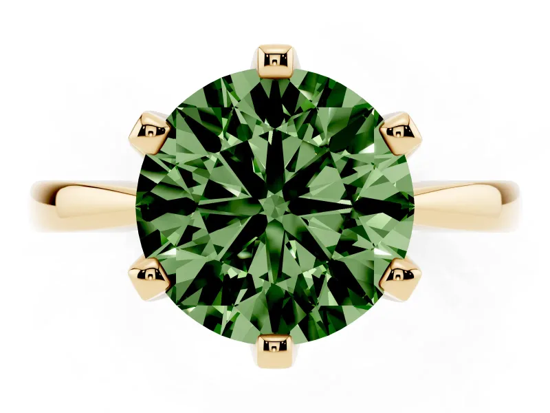 Fancy Green Round Cut Diamond Solitaire Engagement Ring Set in Yellow gold with Slim Tapered Solitaire Band