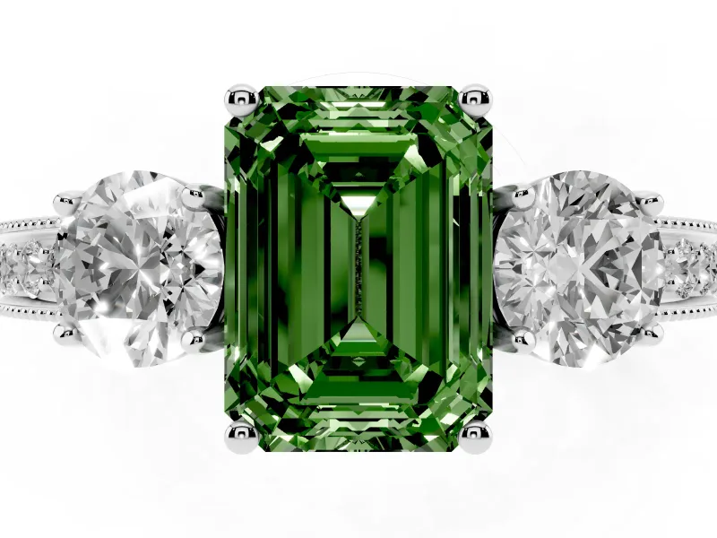 Fancy Green Emerald Cut Diamond Three-Stone Ring Set in Platinum with Round Side Stones and Pavé Band