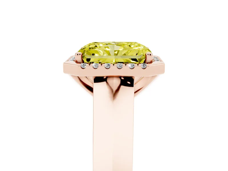 Fancy Yellow Radiant Cut Diamond Halo Ring Set in Rose gold with Cathedral Band and Prong Setting
