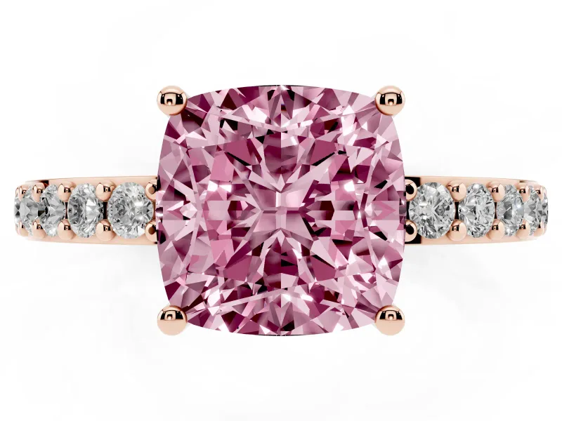 Cushion Cut Pavé Solitaire Engagement Ring Setting for a Fancy Pink Lab-Grown Diamond | Single Row Band | Rose Gold