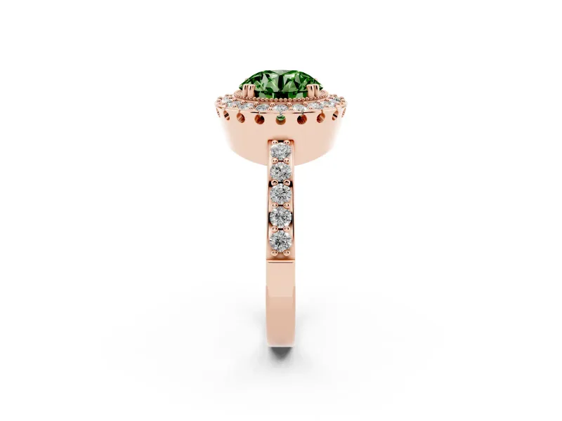 Round Vintage Milgrain Halo Engagement Ring Setting for a Fancy Green Lab-Grown Diamond | Pierced Gallery | Rose Gold