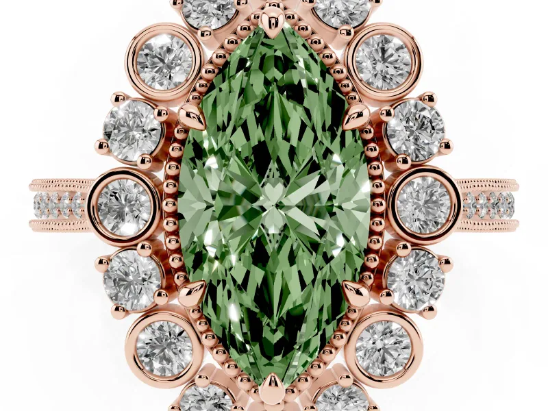 Marquise Scalloped Halo Engagement Ring Setting for a Fancy Green Lab-Grown Diamond | Milgrain Edges | Rose Gold