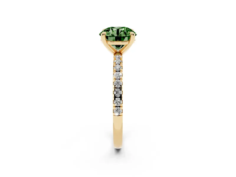 Fancy Green Round Cut Diamond Brilliant Solitaire Ring Set in Yellow gold with Pavé Band and Prong Setting