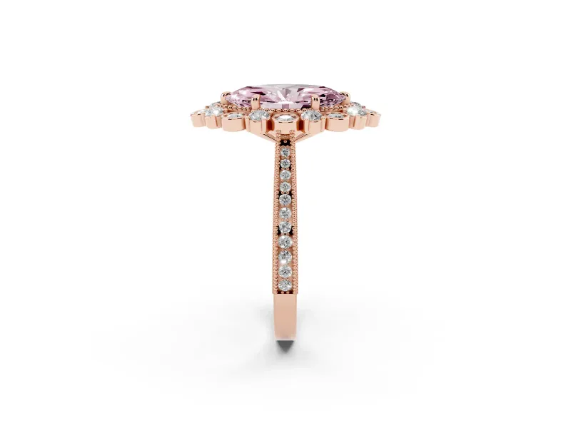 Fancy Pink Marquise Cut Diamond Halo Milgrain Pavé Ring Set in Rose gold with Prong Setting