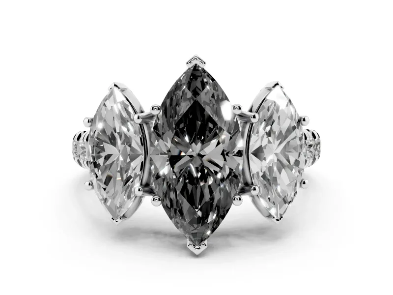 Fancy Black Marquise Cut Diamond Three-Stone Ring Set in Platinum with Pavé Band