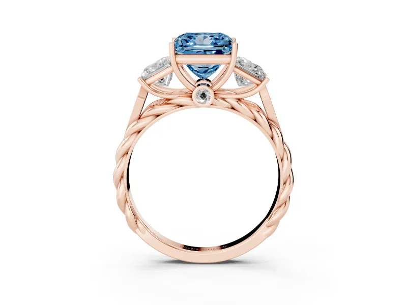 Fancy Blue Princess Cut Diamond Three-Stone Ring Set in Rose gold with Braided Band