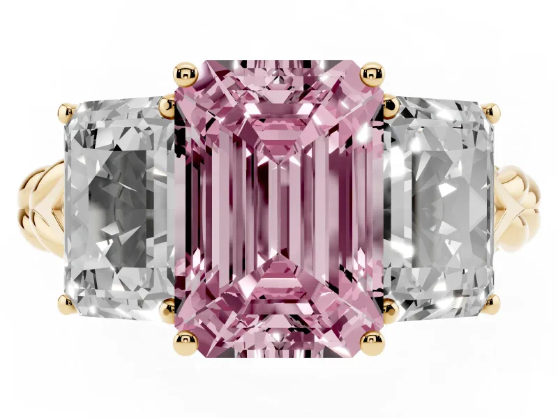 Fancy Pink Emerald Cut Diamond Three-Stone Ring Set in Yellow gold with Braided Band