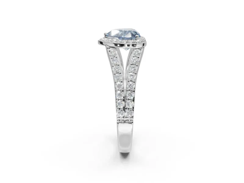 Heart-Shaped Halo Pavé Engagement Ring Setting for a Fancy Blue Lab-Grown Diamond | Narrow Split Shank | Sterling Silver